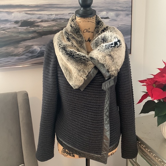 ST. JOHN Designer fur Coat Jacket Leather Wool Rabbit Gray S 4 6 Luxury - Picture 2 of 14